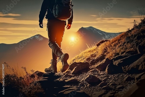 Hiker Walking into Setting Sun on Mountain Top AI Generated