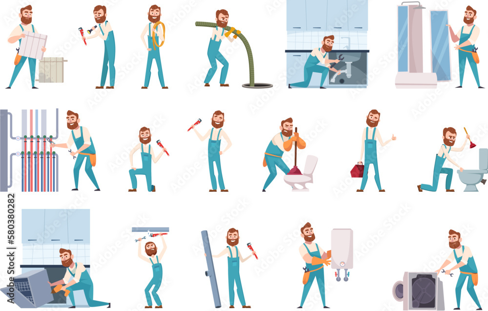 Plumber scenes. Repair service mascots working at home fixing washing machine and boilers exact vector cartoon people