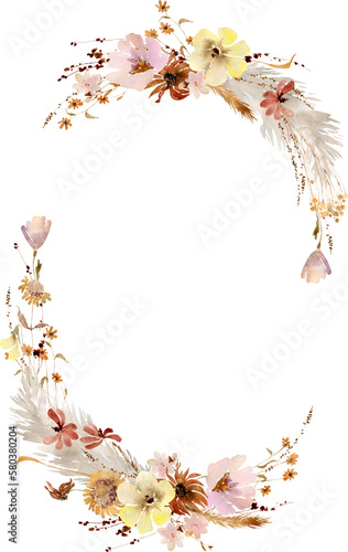 Watercolor beige wildflowers boho frame. Dried herbs  grass floral border  elegant arrangement. Botanical boho elements isolated on white. Wedding invitation  greeting  card  printing  design