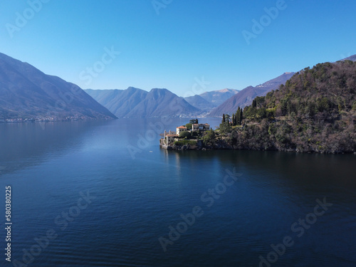 Aerial view of Villa Balbianello peninsula on Lake Como © Nikokvfrmoto