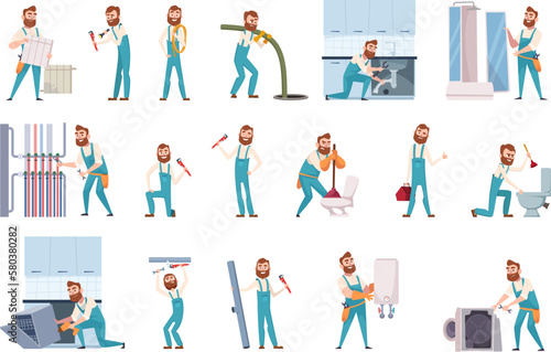Plumber scenes. Repair service mascots working at home fixing washing machine and boilers exact vector cartoon people
