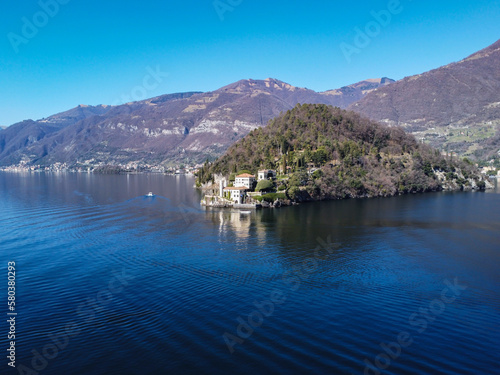 Aerial view of Villa Balbianello peninsula on Lake Como