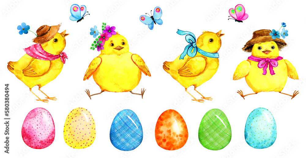 Watercolor Easter cute chicks and easter eggs illustration. Cheerful cartoon baby bird. Chicken farm, baby animal, newborn character. Easter eggs hunting. Greeting card, postcard, stickers.