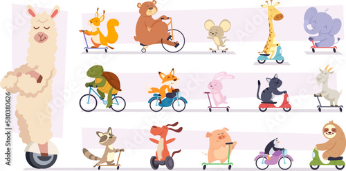 Animals riding. Cartoon mascots wild animals riders various vehicles bikes and scooters exact vector illustrations collection