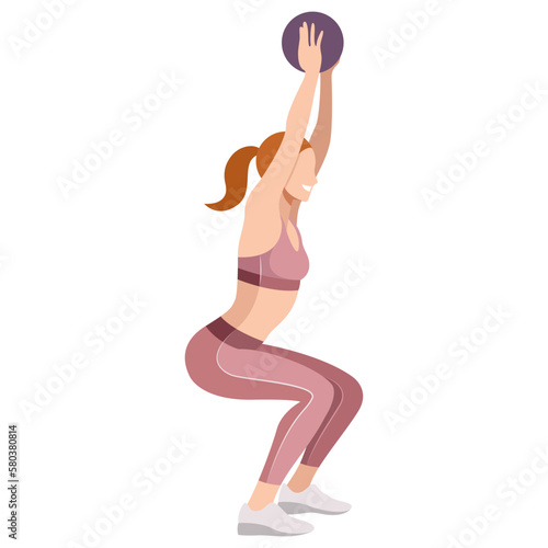 vector image of a girl in a sports uniform (leggings and a sports bra) is engaged in fitness, sports, training. girl squats, does lunges, trains her legs and buttocks. isolated on a white background.