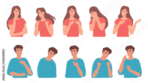 Young woman and man express different emotions, sad, happy, anger, suprise, interest