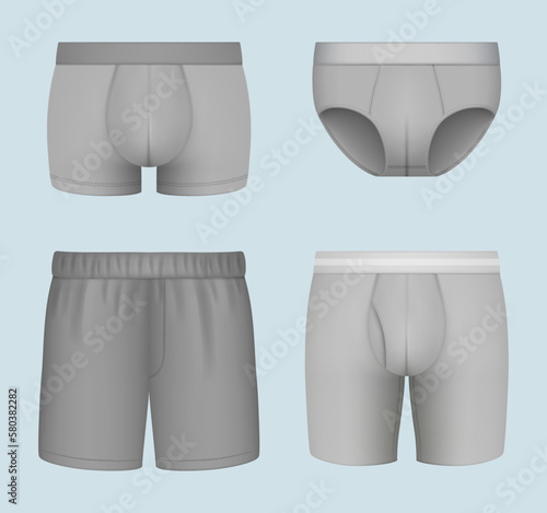 Men lingerie. Underwear pantie tipes for male sensual fashioned style bikini decent vector realistic lingerie
