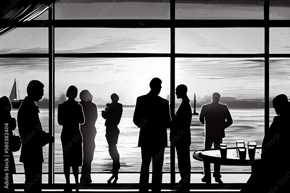 Networking event, business meeting, coffee break or buffet, silhouettes of people against the background of a panoramic window.