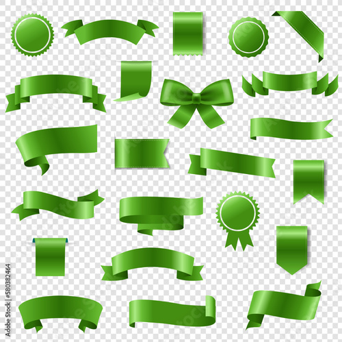Set Green Silk Ribbons Isolated Transparent Background