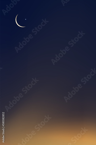 Islamic card with Crescent moon on Blue,Orange sky background,Vertical banner Ramadan Night with Dramtic Suset,twilight dusk sky for Islamic religion,Eid al Adha,Eid Mubarak,Eid al fitr,Ramadan Kareem