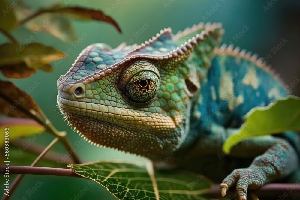 a close up of a chameleon's head on some leaves. Generative AI a close up of a chameleon's head on some leaves. Generative AI