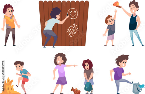 Bad Behaviour kids. The children are dirty and doing bad things, bullies exact vector cartoon people