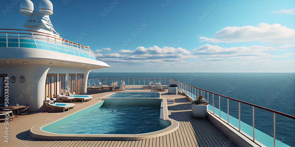 Fitness area with swimming pool on a cruise ship. Sports deck. - obrazy, fototapety, plakaty 
