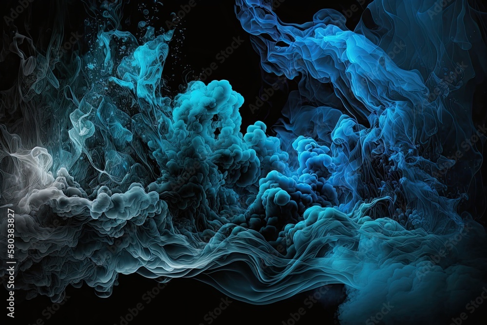 Abstract backdrop in black, blue, and flowing art undersea ocean of lactic smoke. Generative AI