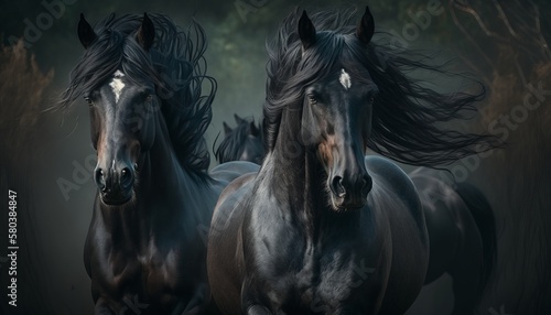 2 majestic dark horses running  clean sharp focus  national geographic  higly detailed fur  soft shadows  shutter speed 1-60  f-stop 1.8  blurry green background  professional color grading.