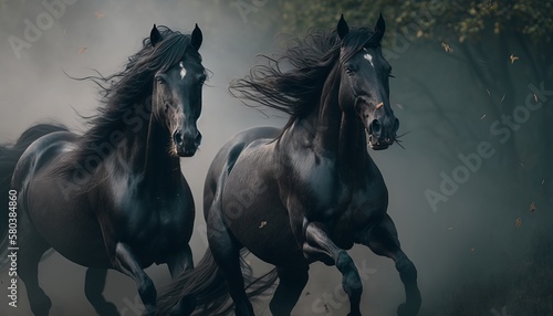 2 majestic dark horses running, clean sharp focus, national geographic, higly detailed fur, soft shadows, shutter speed 1-60, f-stop 1.8, blurry green background, professional color grading. © Enea