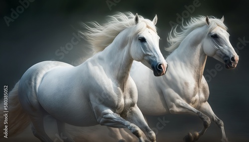 2 majestic white horses running  clean sharp focus  national geographic  higly detailed fur  soft shadows  no contrast  shutter speed 1-60  f-stop 1.8  blurry green background  professional color grad