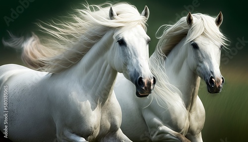 2 majestic white horses running, clean sharp focus, national geographic, higly detailed fur, soft shadows, no contrast, shutter speed 1-60, f-stop 1.8, blurry green background, professional color grad