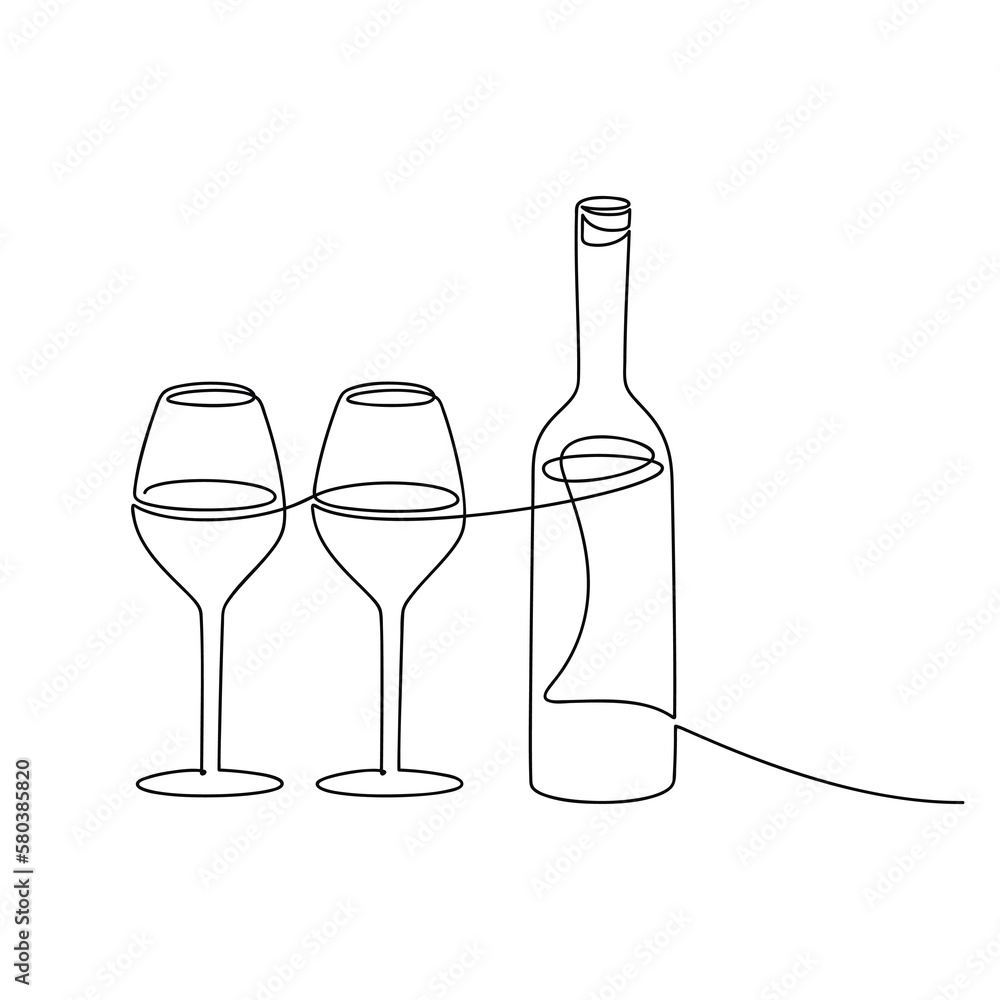 Vector set. Wine bottle and glasses one line continuous drawing