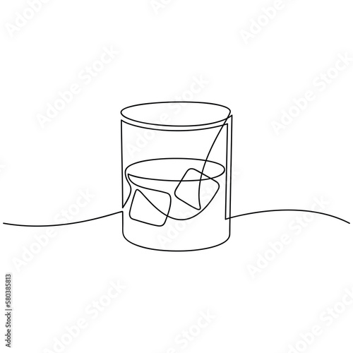 Whiskey glass on the rocks one line continuous drawing. Bourbon, scotch, brandy hard drink icon. Hand drawn linear vector illustration. Print, banner, card, wall art poster, sign. Bar, pub, shop logo.
