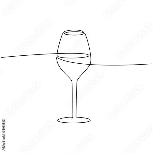 Wine glass one line continuous drawing. Glassware icon vector illustration. Hand drawn linear silhouette. Minimal design element for print, banner, card, wall art poster, brochure, winery, shop logo.