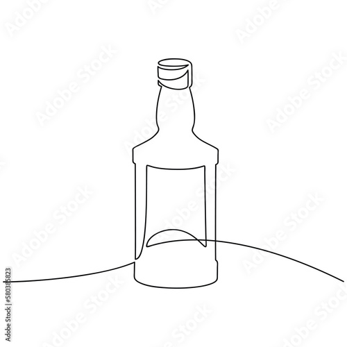 Whiskey bottle one line continuous drawing. Bourbon, scotch, brandy, hard drink icon. Hand drawn linear vector illustration. Print, banner, card, wall art poster, sign. Bar, pub, shop, product logo.
