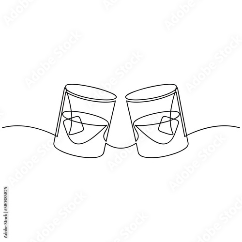 Two whiskey glasses on the rocks one line continuous drawing. Bourbon, scotch, brandy hard drink icon. Hand drawn linear vector illustration. Print, banner, card, poster, sign. Bar, pub, shop logo.