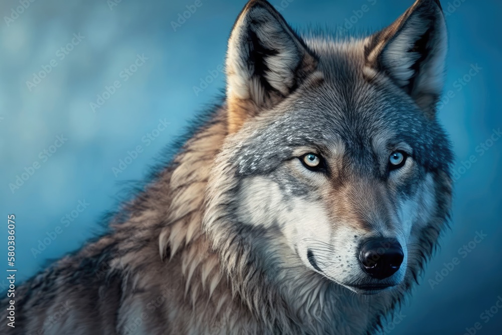 Face of a wolf. Grey head is scary. Realistic picture of a gray wolf in the wild with fur on a blue background. Generative AI