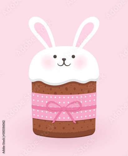 Cute Easter pastries in the form of a rabbit. White rabbit frosting. A kulich decorated with a pink wrapper and a pink bow. Vector illustration, isolated.