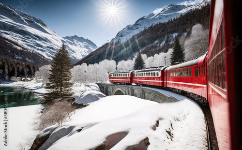 Bernina, Switzerland: trains of the Rhaetian Railway in transit along the line Tirano - St.Moritz during a snowy day, Generative AI. photo