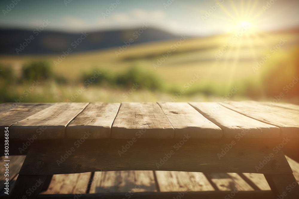 Empty wooden table for product display with blurred nature background. Ai generative Empty wooden table for product display with blurred nature background. Ai generative