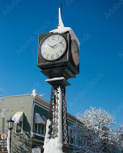 Northville Clock with snow on it