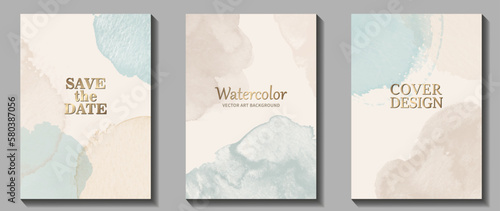 Pastel color watercolor vector art background. Hand drawn set Illustration for cards, flyer, poster, banner, cover design and flyers. Blue grey, beige. Vintage wallpaper design. Isolated template.