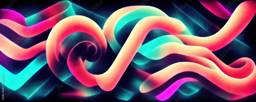 Digital world. Graphic painting. Colorful background. Creative illustration with neon green yellow orange violet twisted stripes swirling in motion on dark wallpaper wide.