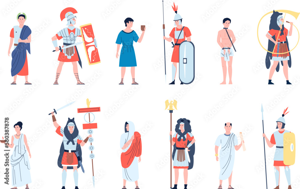 Ancient people roman in toga, rome characters. Greek person, empire civilization warriors and soldiers and citizens. Cartoon flat recent vector historical set Ancient people roman in toga, rome characters. Greek person, empire civilization warriors and soldiers and citizens. Cartoon flat recent vector historical set