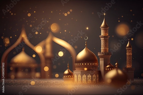 Ramadan Kareem Background with Mosque and Crescent Moon 3d Rendering. Generative Ai
