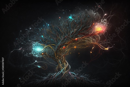 A tree of nervous system and veins with bright light at the ends on a black background, Generative AI. © Niko_Dali