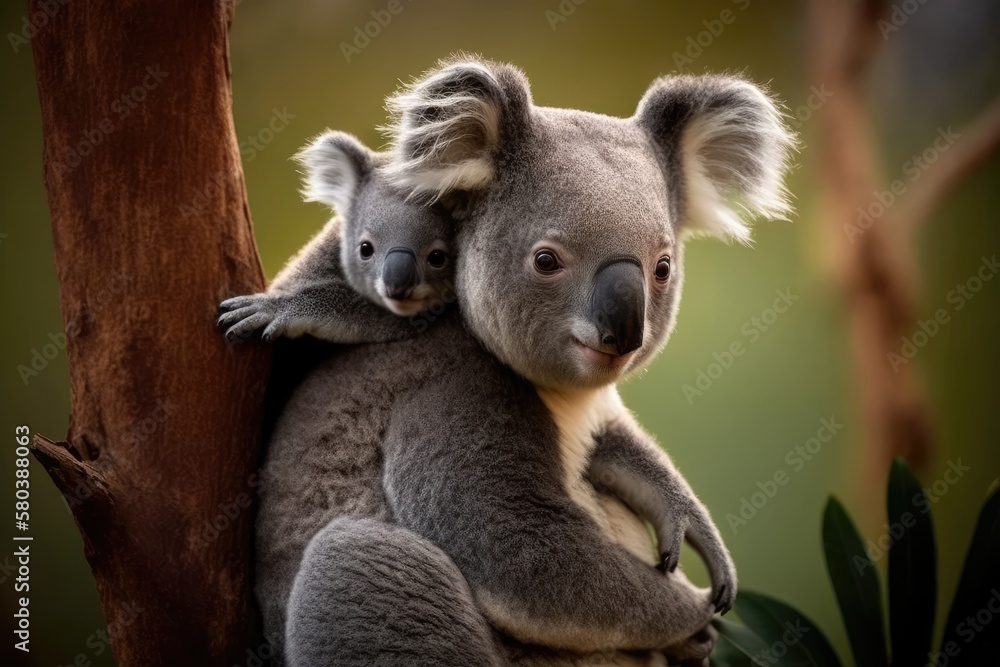 On a eucalyptus tree, a mother koala is carrying her baby on her back. Generative AI On a eucalyptus tree, a mother koala is carrying her baby on her back. Generative AI