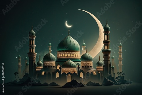 Ramadan Kareem Background with Mosque and Crescent Moon 3d Rendering. Generative Ai