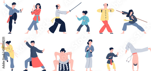 Training martial arts, kick in karate. Judo and taekwondo, strength workout. Japan, korean and chinese sport, athletes in uniform recent vector set