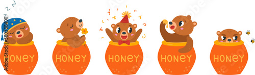 Funny bear in honey jar. Tiny bears different poses in clay pot. Woodland wild cartoon animal sleep, eating and happy, classy vector mascot character