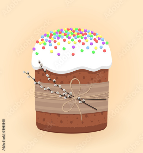 Traditional craft Easter cake kulich decorated with white glaze, colored sprinkles, willow twigs. Vector illustration on a beige background.