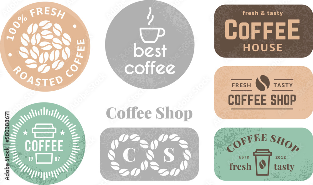 Obraz premium Coffee shop, cafe grunge labels. Messy textured stickers, decorative packing elements with cup, beans and text samples. Banners vector templates