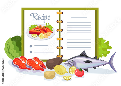 Book cook food cookbook recipe ingredients composition concept. Vector graphic design illustration