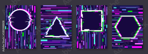 Futuristic technology banners, noise effect cover graphic design. Glitch neon colors frames, vector digital noise templates