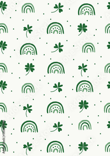 Cute Hand Drawn Seamless Pattern With Clovers And Green Ranbows. Irregular Repeatable Design On Off-White Background. Vector Graphic Great To Use For St. Patrick’s Day.