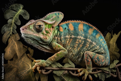 Yemen chameleon on a large black background  by itself. On the green leaves was a lizard. The color of skin is bright. Generative AI