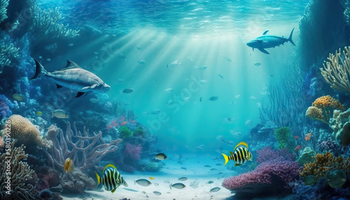 Underwater world of beautiful coral reef and colorful fish. Based on Generative AI © Yeti Studio