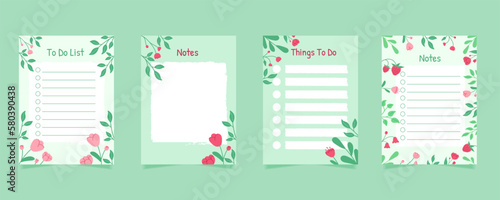 Set of green floral to do list and note papers in hanad drown style. Template for agenda, schedule, planners, checklists, notebooks, cards and other stationery.
