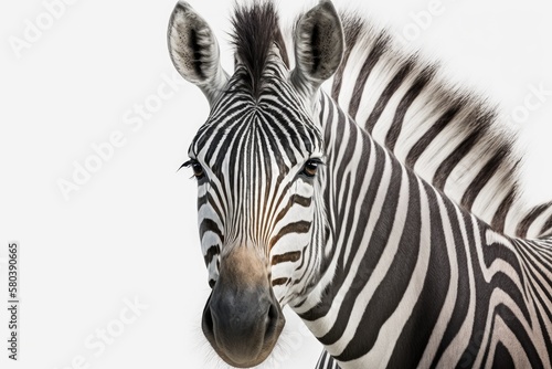 Zebra close up portrait. Zebra standing alone against a white background. Generative AI